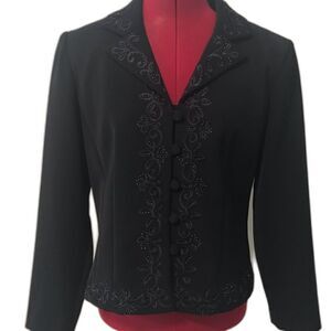 Parisian Blazer Women 10P Blazer Navy Blue Beaded Long Sleeve Button Closure